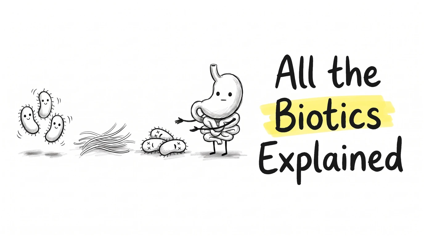 A cartoon gut character with live microbes standing upright, a bundle of fibre, and dead microbes tipped over with crossed-out eyes. Thumbnail for the Know Your Gut article Prebiotics, Probiotics, Postbiotics, and Synbiotics: What's the Difference?