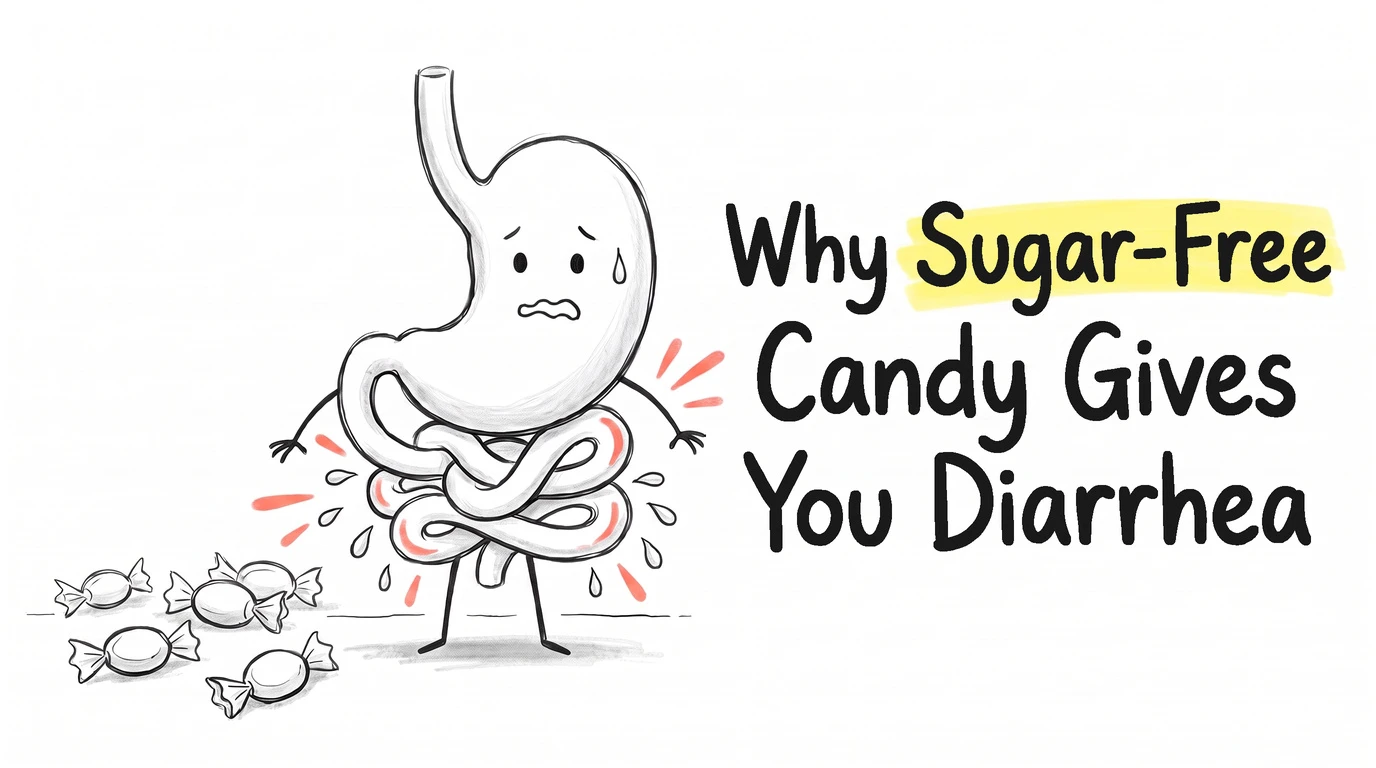 Thumbnail for the Know Your Gut article Why Do Sugar-Free Candies Give You Diarrhea? Drawn in the site's hand-drawn cartoon gut-character style.