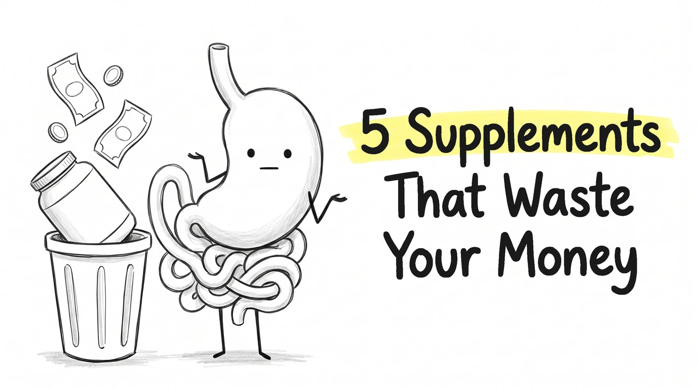 Thumbnail for the Know Your Gut article 5 Gut Supplements That Are a Waste of Money. Drawn in the site's hand-drawn cartoon gut-character style.