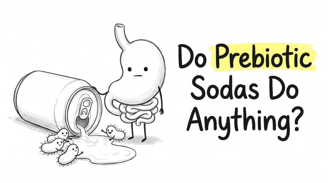 A cartoon gut character beside a can of prebiotic soda. Thumbnail for the Know Your Gut article Do Prebiotic Sodas Actually Do Anything?