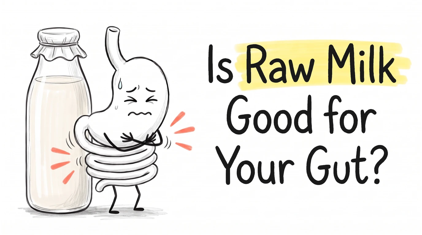 A cartoon gut character with a pained face holding on to a tall capped glass bottle of milk, with coral marks at its side. Thumbnail for the Know Your Gut article Is Raw Milk Good for Your Gut?