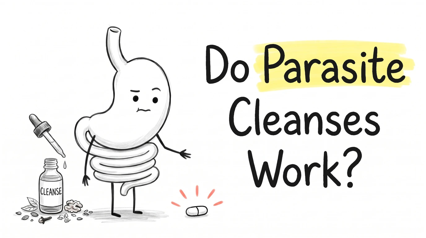 A cartoon gut character with an unconvinced face reaching toward a single plain pill, beside a dropper bottle with a messy heap of herb bits spilled around it. Thumbnail for the Know Your Gut article Do Parasite Cleanses Work?