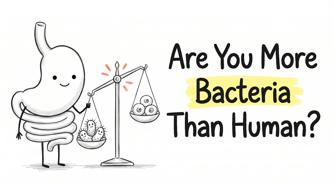 A cartoon gut character beside a two-pan balance scale. Thumbnail for the Know Your Gut article Are You Really More Bacteria Than Human?