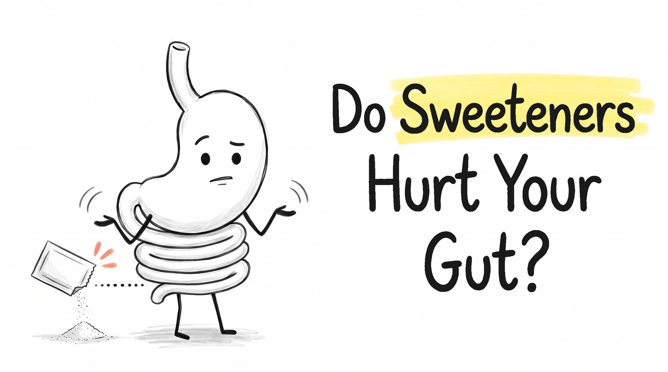 A cartoon gut character shrugging with both palms turned up, beside a torn-open paper sweetener packet with grains spilling into a small pile. Thumbnail for the Know Your Gut article Are Artificial Sweeteners Bad for Your Gut?