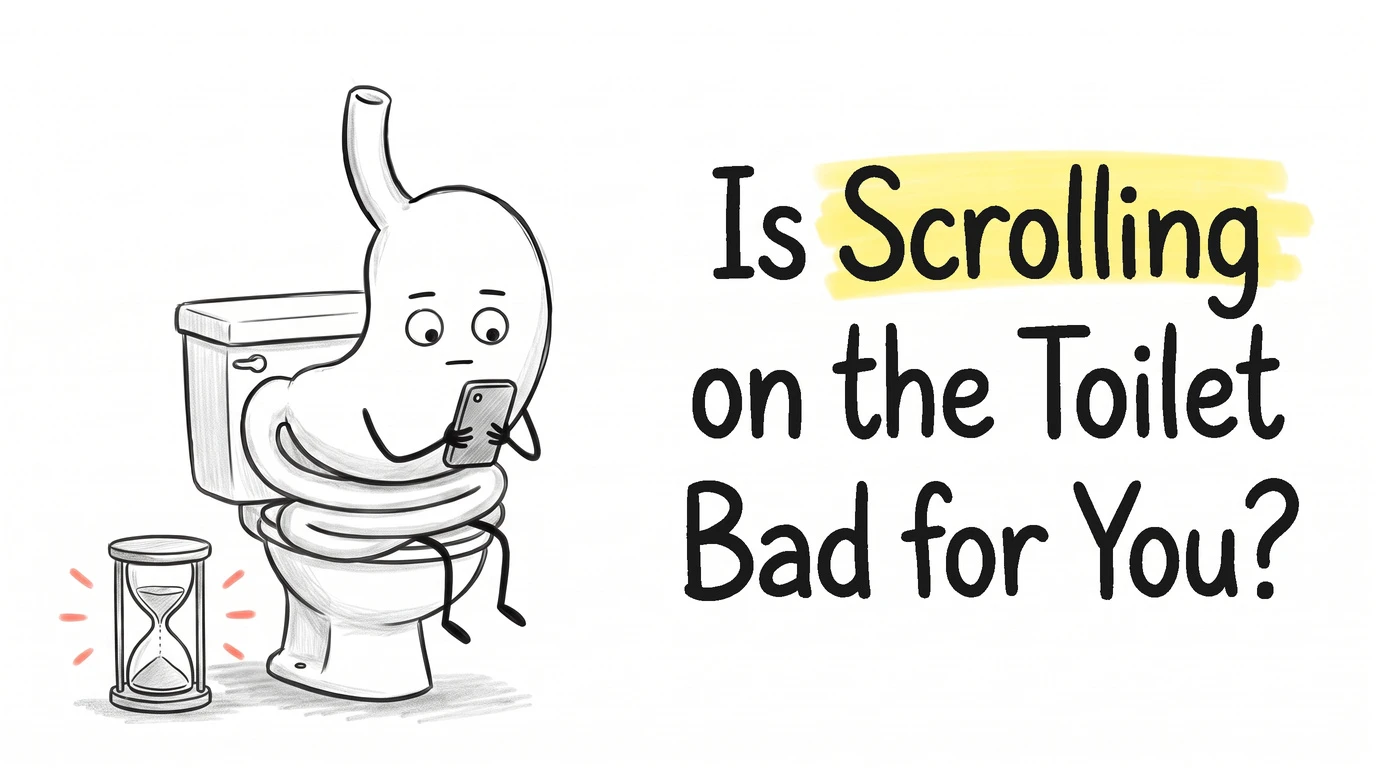 A cartoon gut character sitting on a toilet holding a phone, with an hourglass beside it. Thumbnail for the Know Your Gut article Is Scrolling on the Toilet Bad for You?