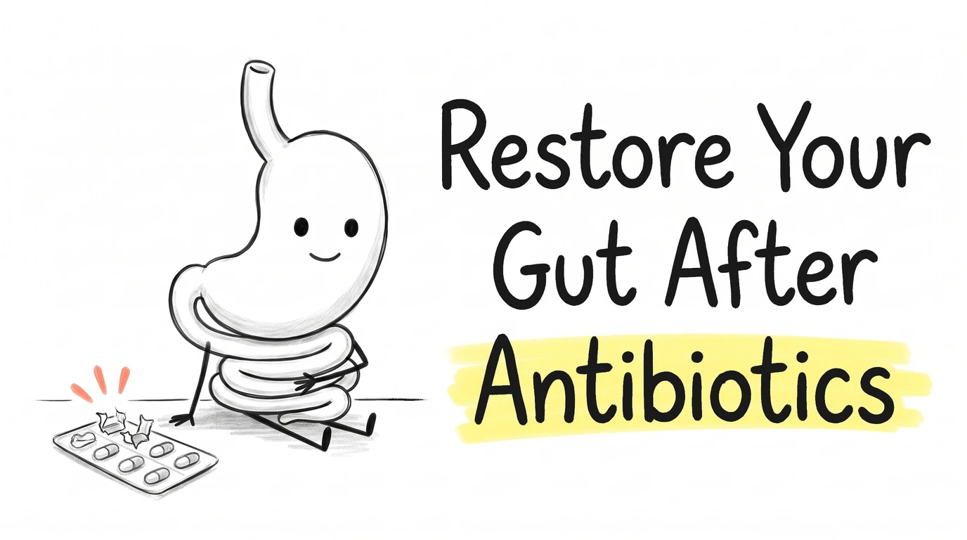 A cartoon gut character sitting calmly with a small closed smile beside a half-empty blister strip of pills with burst foil bubbles. Thumbnail for the Know Your Gut article How to Restore Your Gut After Antibiotics