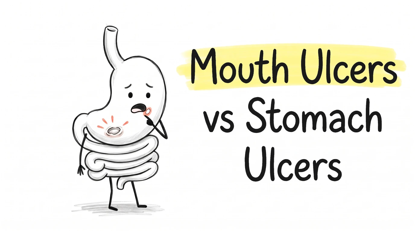 A cartoon gut character with a small pale canker sore inside its open mouth and a shallow crater low on its stomach, one hand pointing at its own mouth. Thumbnail for the Know Your Gut article Mouth Ulcers vs Stomach Ulcers: What's the Difference?
