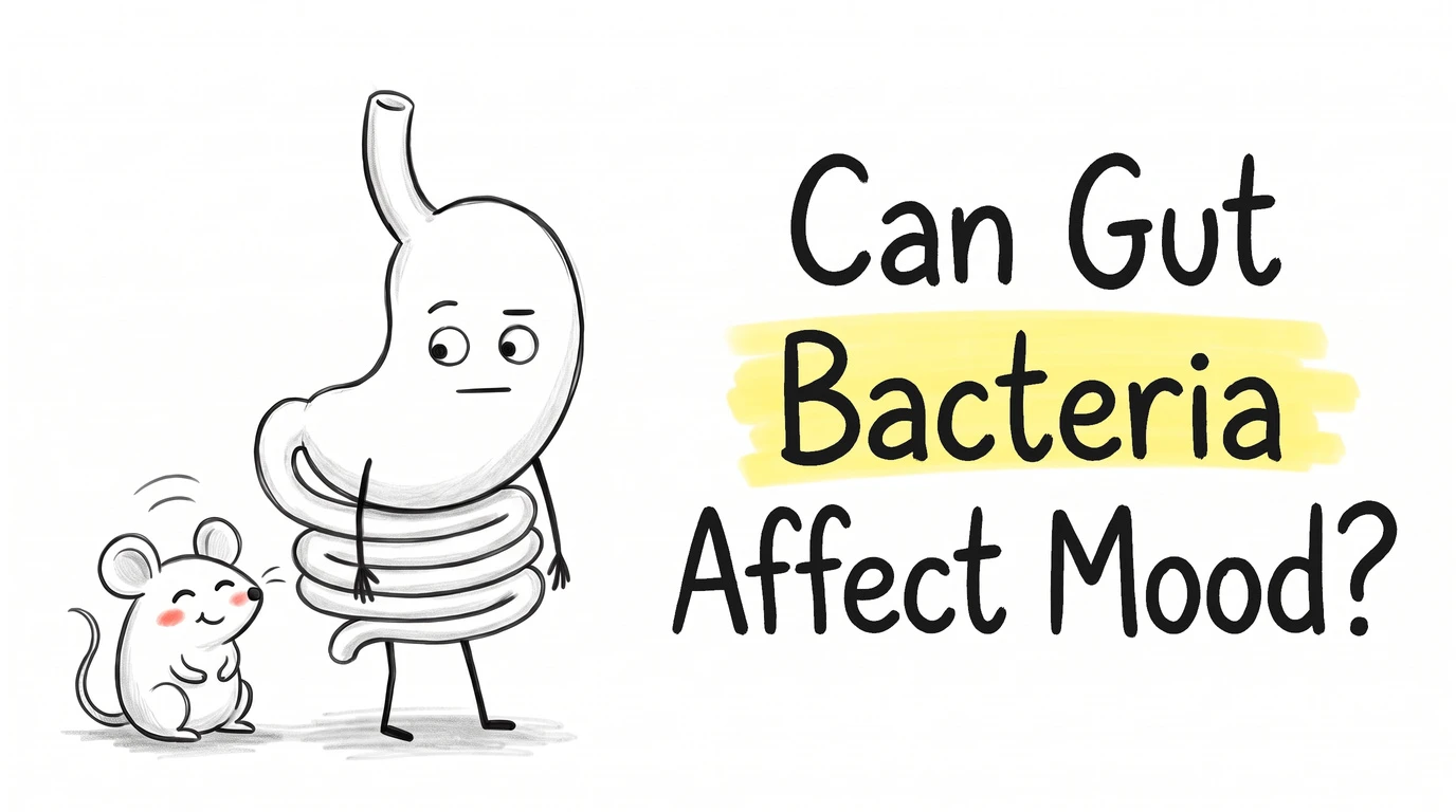 A cartoon mouse sitting up blissed out with closed eyes beside a cartoon gut character watching it with a completely flat mouth. Thumbnail for the Know Your Gut article Can Gut Bacteria Affect Your Mood?
