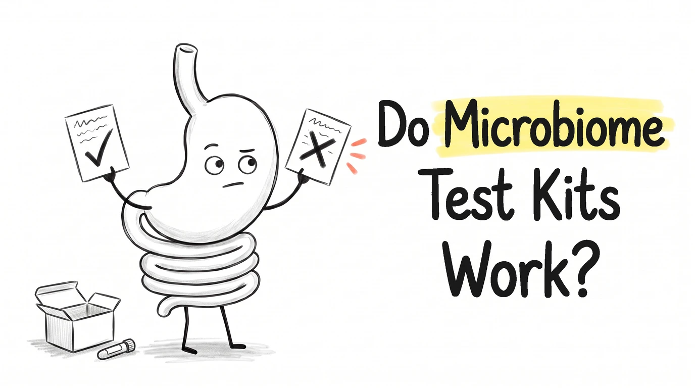 A cartoon gut character holding up two identical paper test results, one marked with a big check and the other with a big X, beside a small mailing box and a sample tube. Thumbnail for the Know Your Gut article Do Microbiome Test Kits Work?