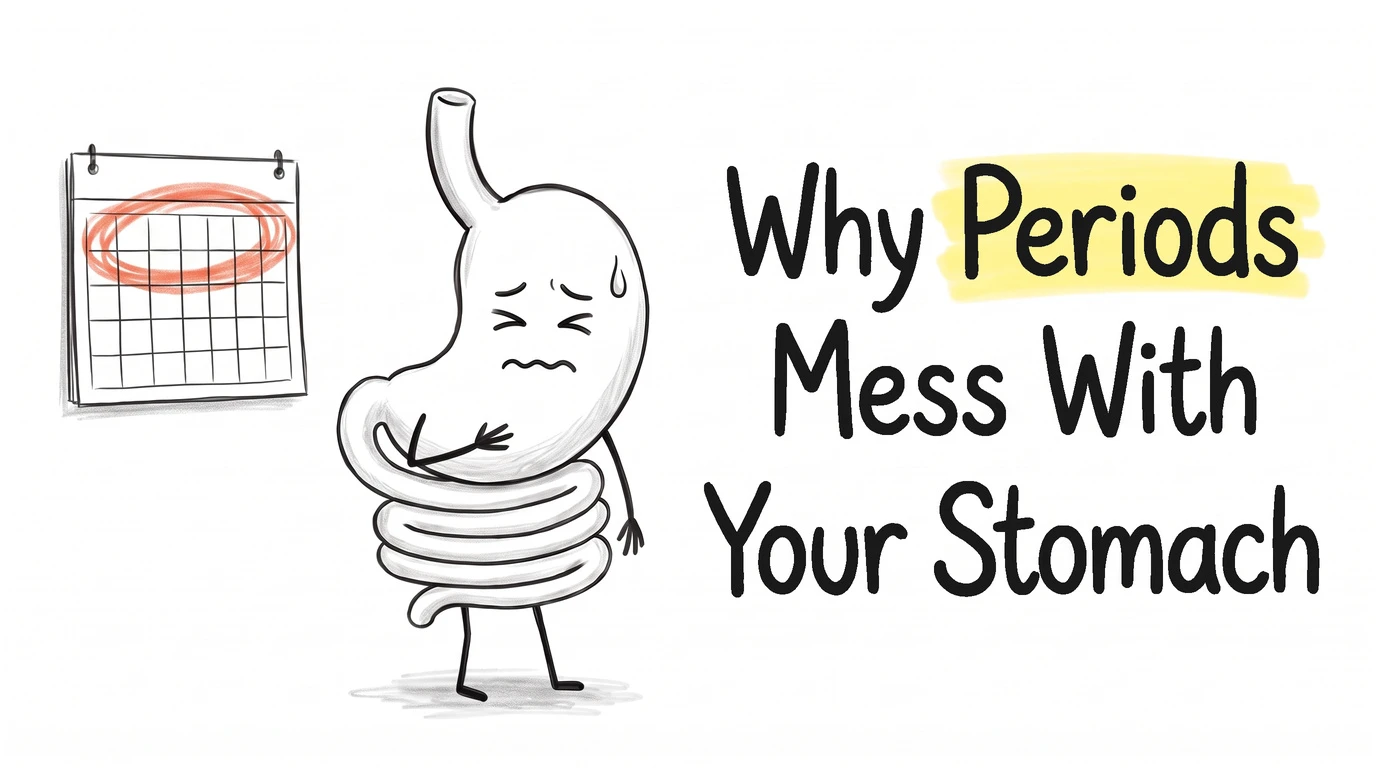 A cartoon gut character with a pained face and a hand on its belly, beside a blank wall calendar with a run of five squares ringed in one rough oval. Thumbnail for the Know Your Gut article Why Do Periods Mess With Your Stomach?