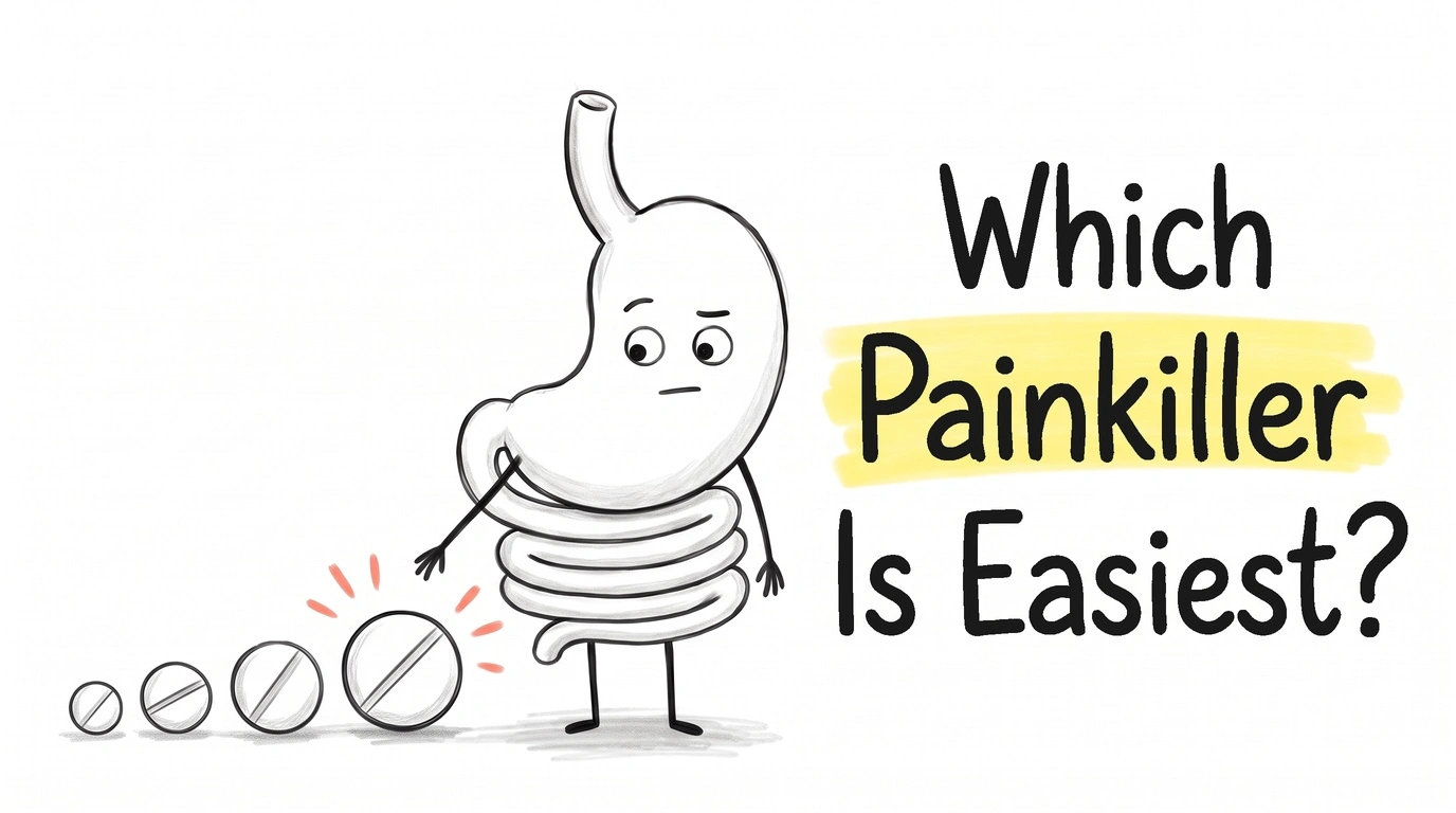 Four plain tablets in a row growing steadily larger beside a cartoon gut character. Thumbnail for the Know Your Gut article Which Painkiller Is Actually Easiest on Your Stomach?