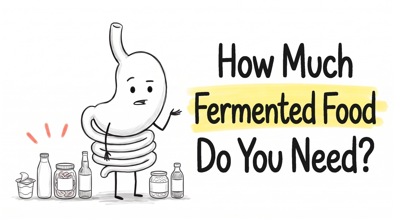 A cartoon gut character taken aback by a row of six different fermented food containers: a yogurt tub, a kefir bottle, a kimchi jar, kombucha, sauerkraut and brine. Thumbnail for the Know Your Gut article How Much Fermented Food Do You Actually Need?