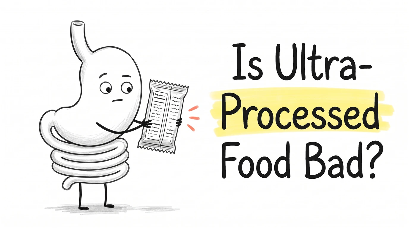 A cartoon gut character holding a sealed foil snack packet turned around to show a ruled ingredient panel of scribbled lines. Thumbnail for the Know Your Gut article Is Ultra-Processed Food Bad for Your Gut?
