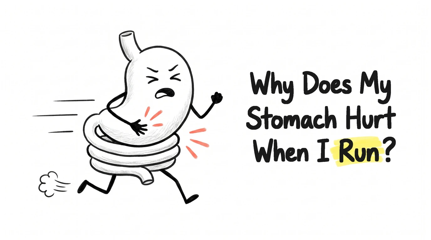A cartoon gut character in a running pose with speed lines and a dust puff, one hand clutched low on the side of its stomach. Thumbnail for the Know Your Gut article Why Does My Stomach Hurt When I Run?