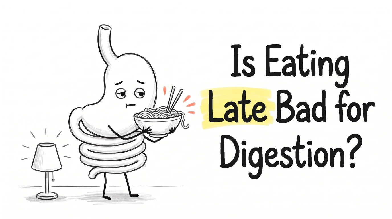 A cartoon gut character with droop-lidded eyes holding a bowl of noodles with chopsticks, beside a lit bedside lamp. Thumbnail for the Know Your Gut article Is Eating Late at Night Bad for Digestion?