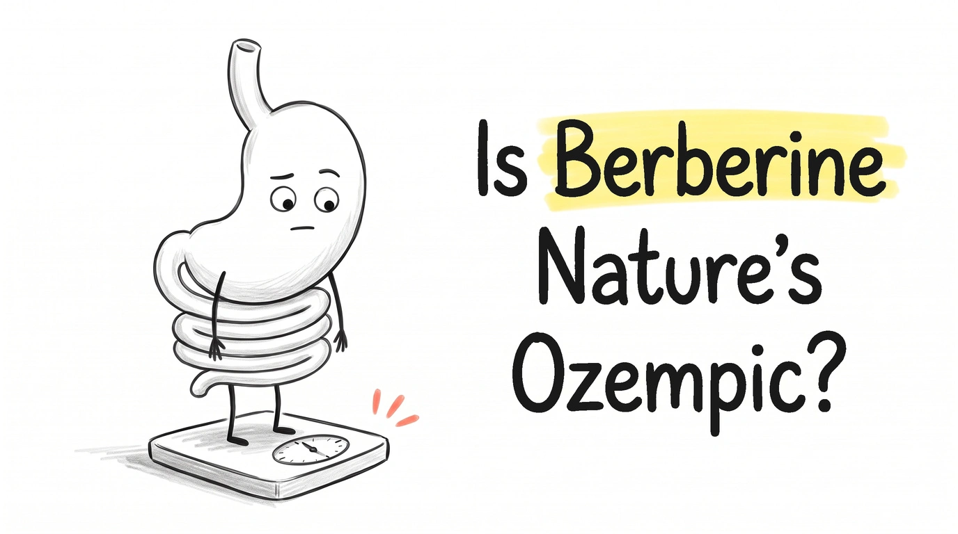 A cartoon gut character standing unimpressed on a bathroom scale whose needle is barely off vertical. Thumbnail for the Know Your Gut article Is Berberine Really Nature's Ozempic?