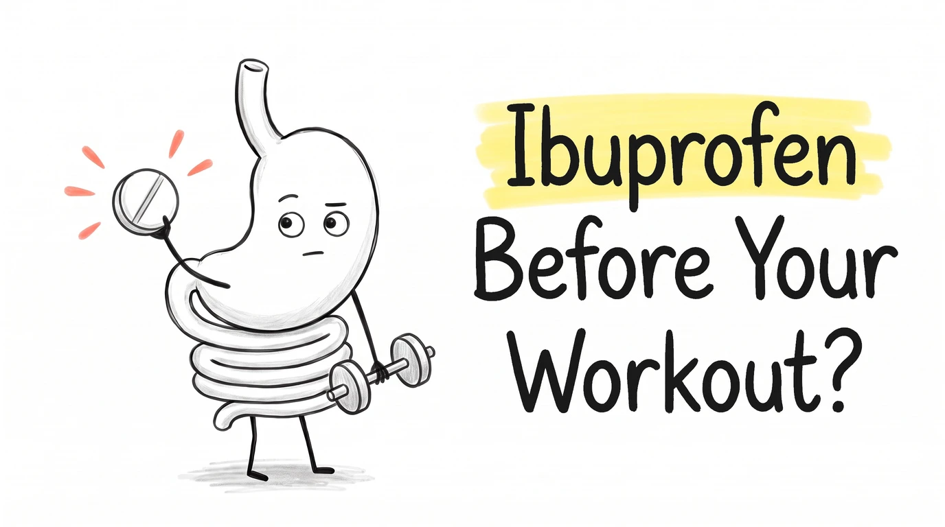 A cartoon gut character holding up one tablet in one hand and a dumbbell in the other. Thumbnail for the Know Your Gut article Should You Take Ibuprofen Before a Workout?