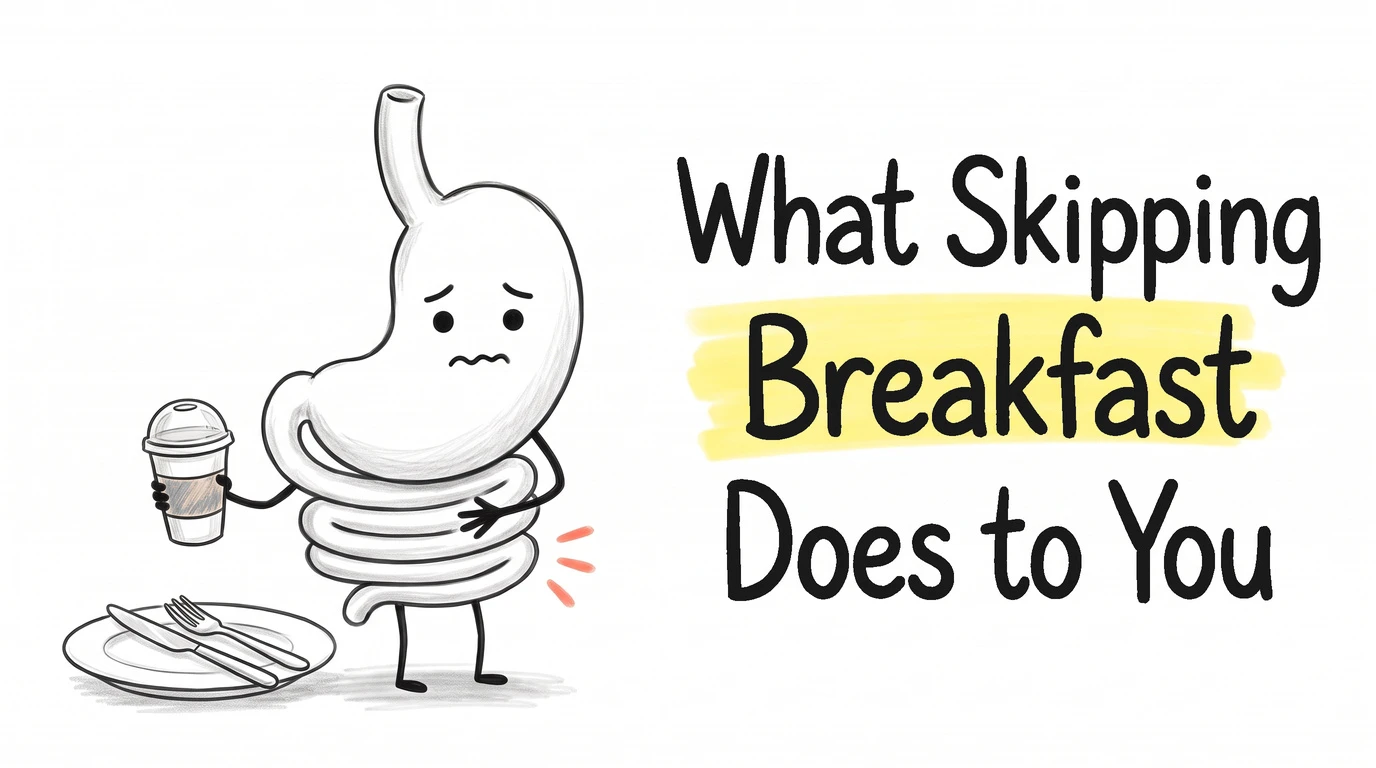 A cartoon gut character holding a takeaway coffee cup with one hand pressed to its lower belly, beside an empty plate with a knife and fork. Thumbnail for the Know Your Gut article What Skipping Breakfast Does to Your Digestion