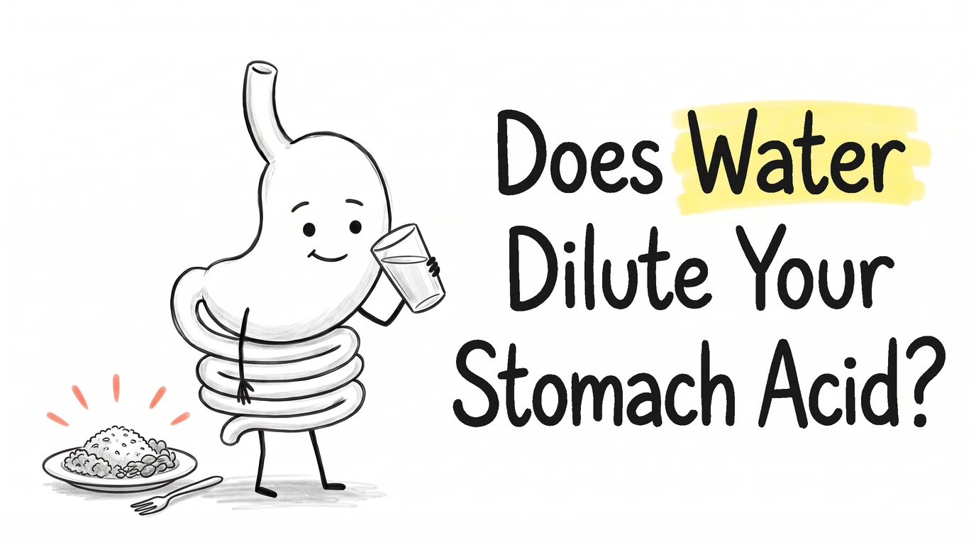 A cartoon gut character comfortably drinking a glass of water beside a full plate of food. Thumbnail for the Know Your Gut article Does Drinking Water With Meals Dilute Your Stomach Acid?