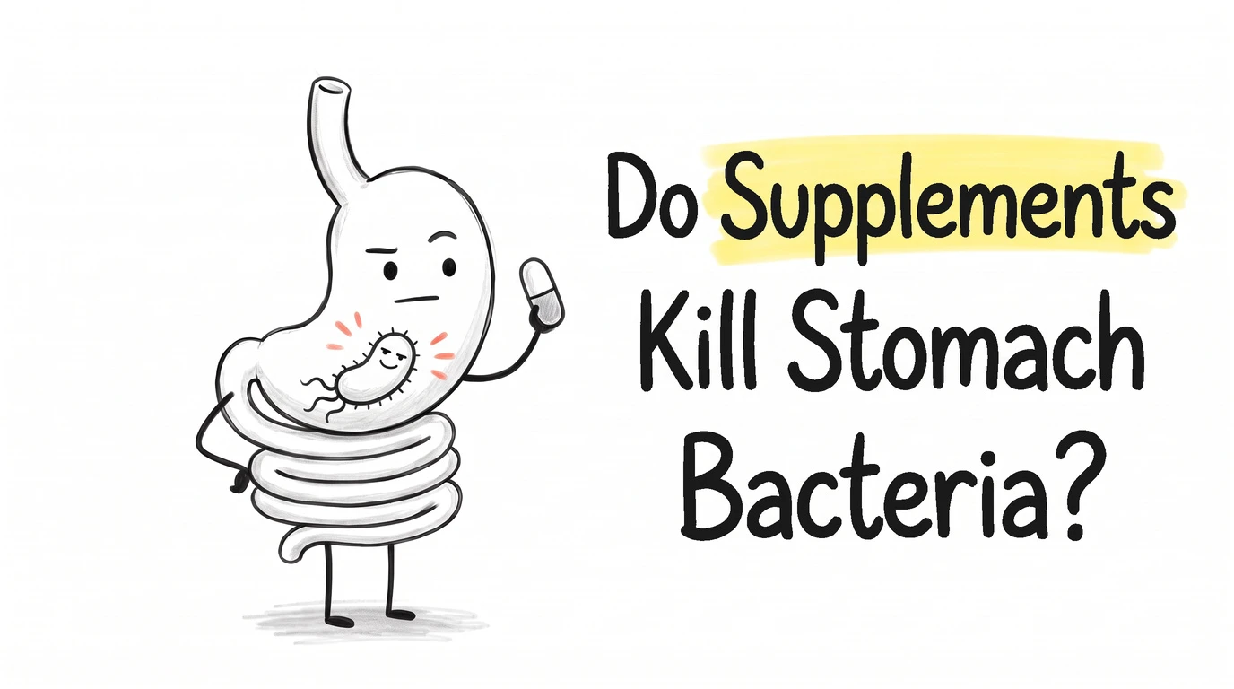 A cartoon gut character holding up a capsule, unconvinced, with a small smug bacterium sitting inside its stomach. Thumbnail for the Know Your Gut article Do Supplements Actually Kill H. pylori?