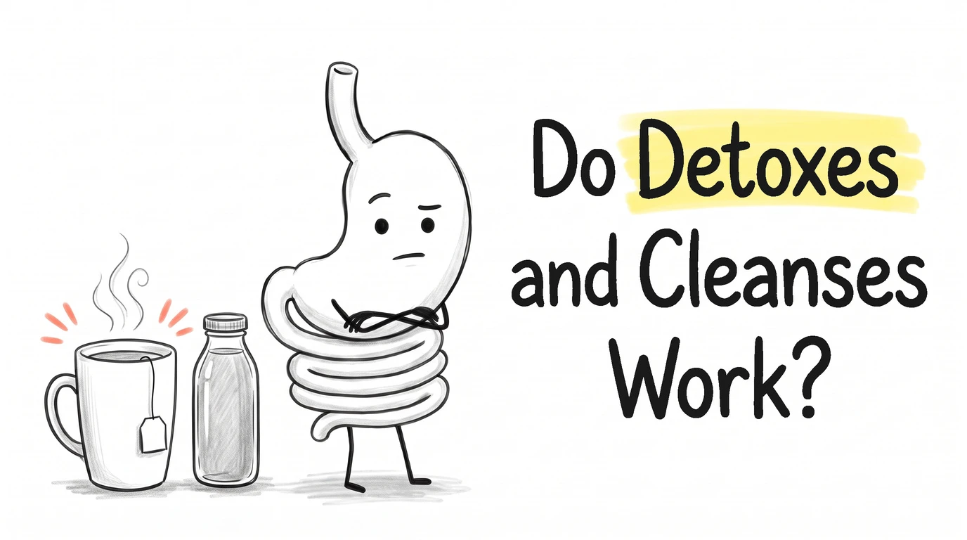 A cartoon gut character with its arms crossed beside a mug of tea with a hanging tea-bag tag and a juice bottle. Thumbnail for the Know Your Gut article Detoxes and Cleanses: What Actually Happens?