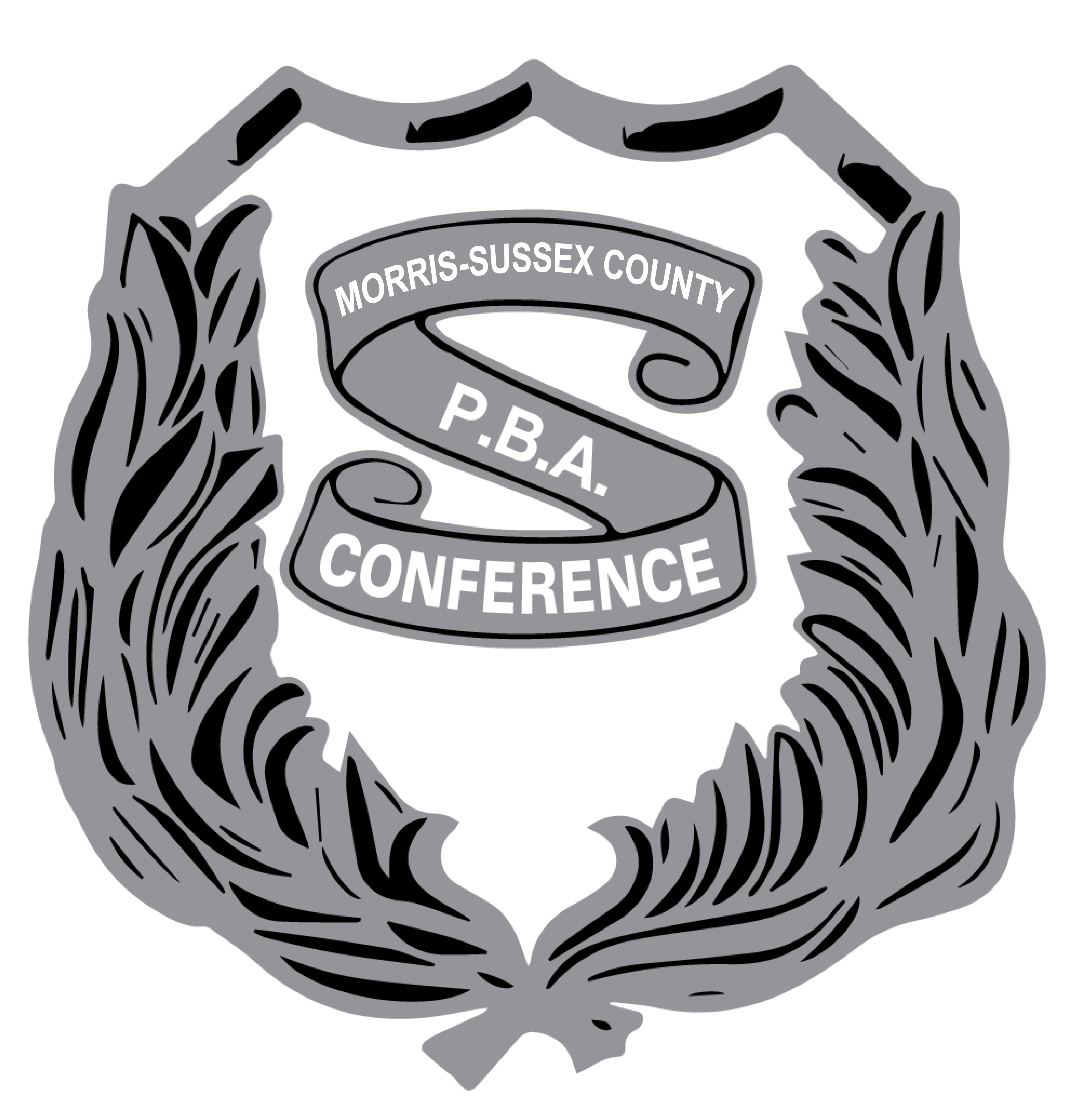 Badge-style emblem with a ribbon reading 'Morris-Sussex County P.B.A. Conference' surrounded by ornate leaf designs.