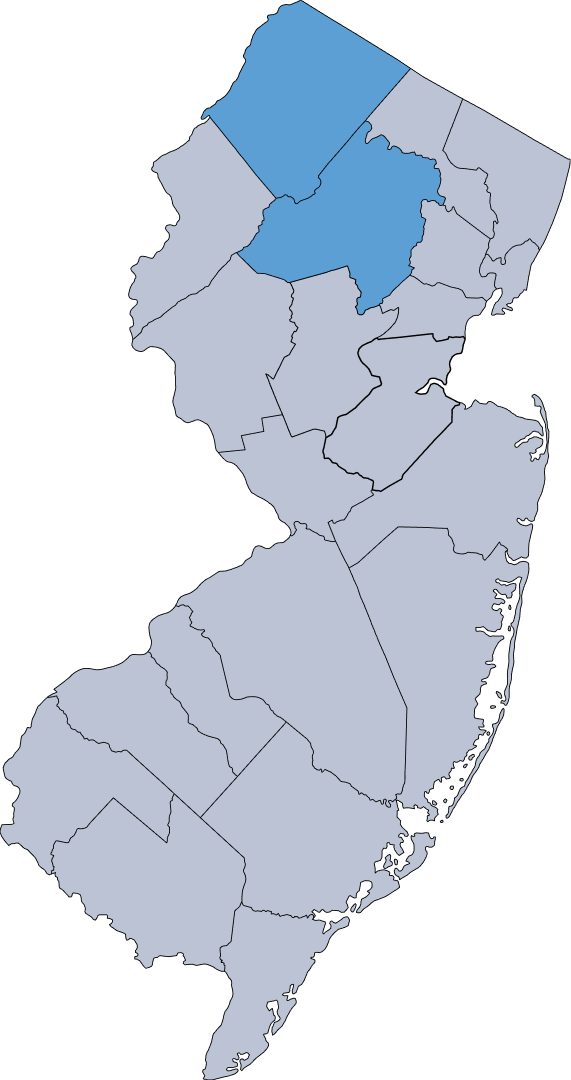 Map of New Jersey with three northern counties highlighted in blue.