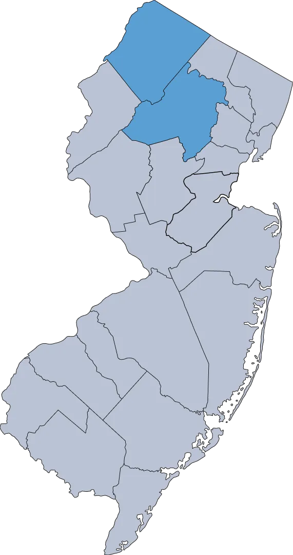 Map of New Jersey with three northern counties highlighted in blue.
