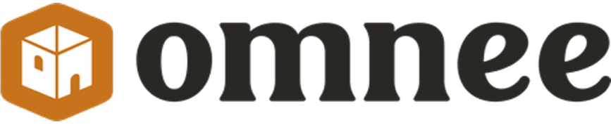 Orange hexagon with stylized white letters inside next to the word 'omnee' in bold black font.