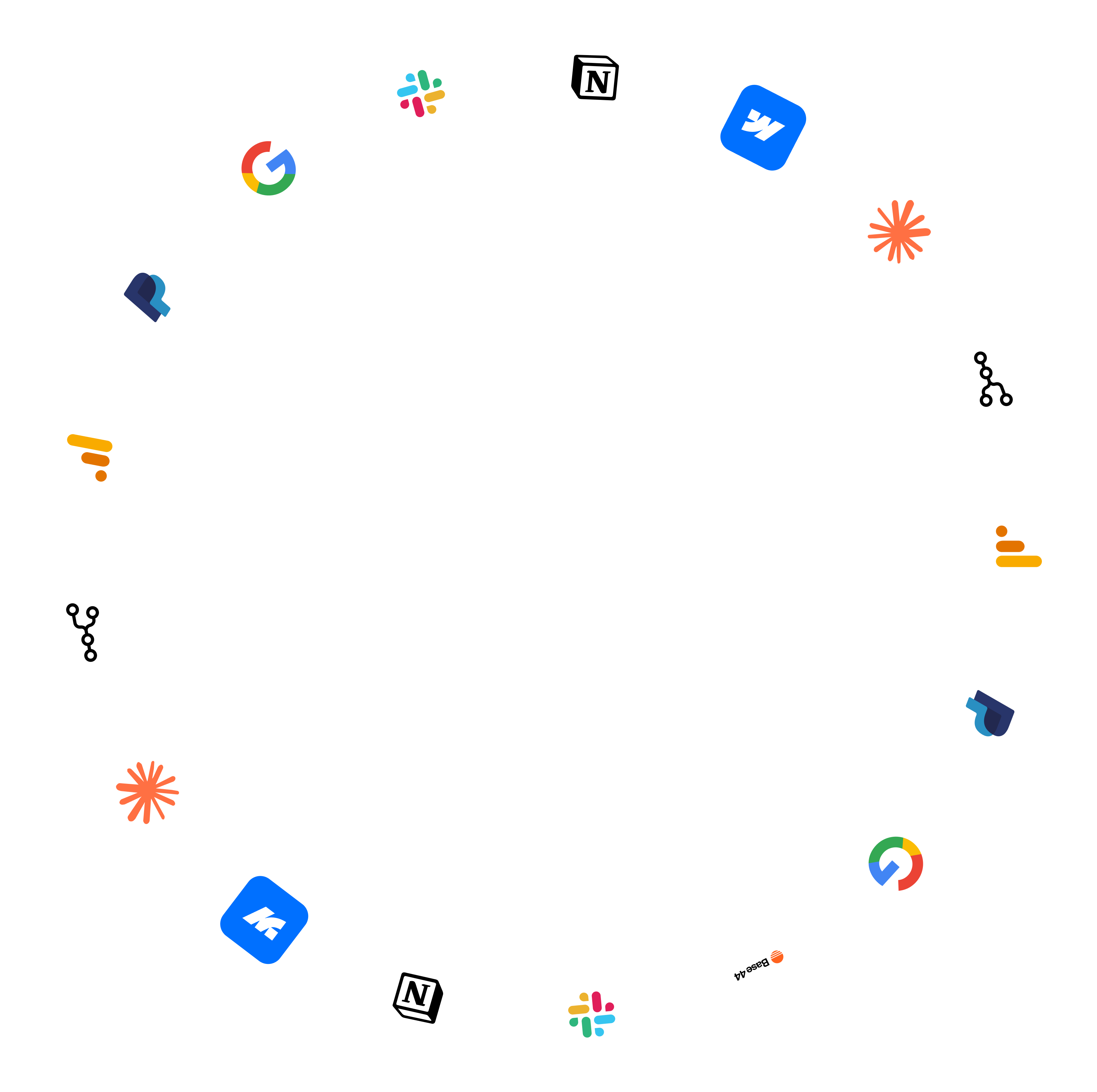 Circular arrangement of popular productivity app icons including Google, Slack, Notion, Workday, PagerDuty, GitHub, and others on a black background.
