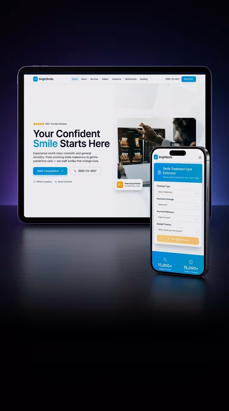 Tablet and smartphone displaying BrightSmile website with dental care services and a smile treatment cost estimator.