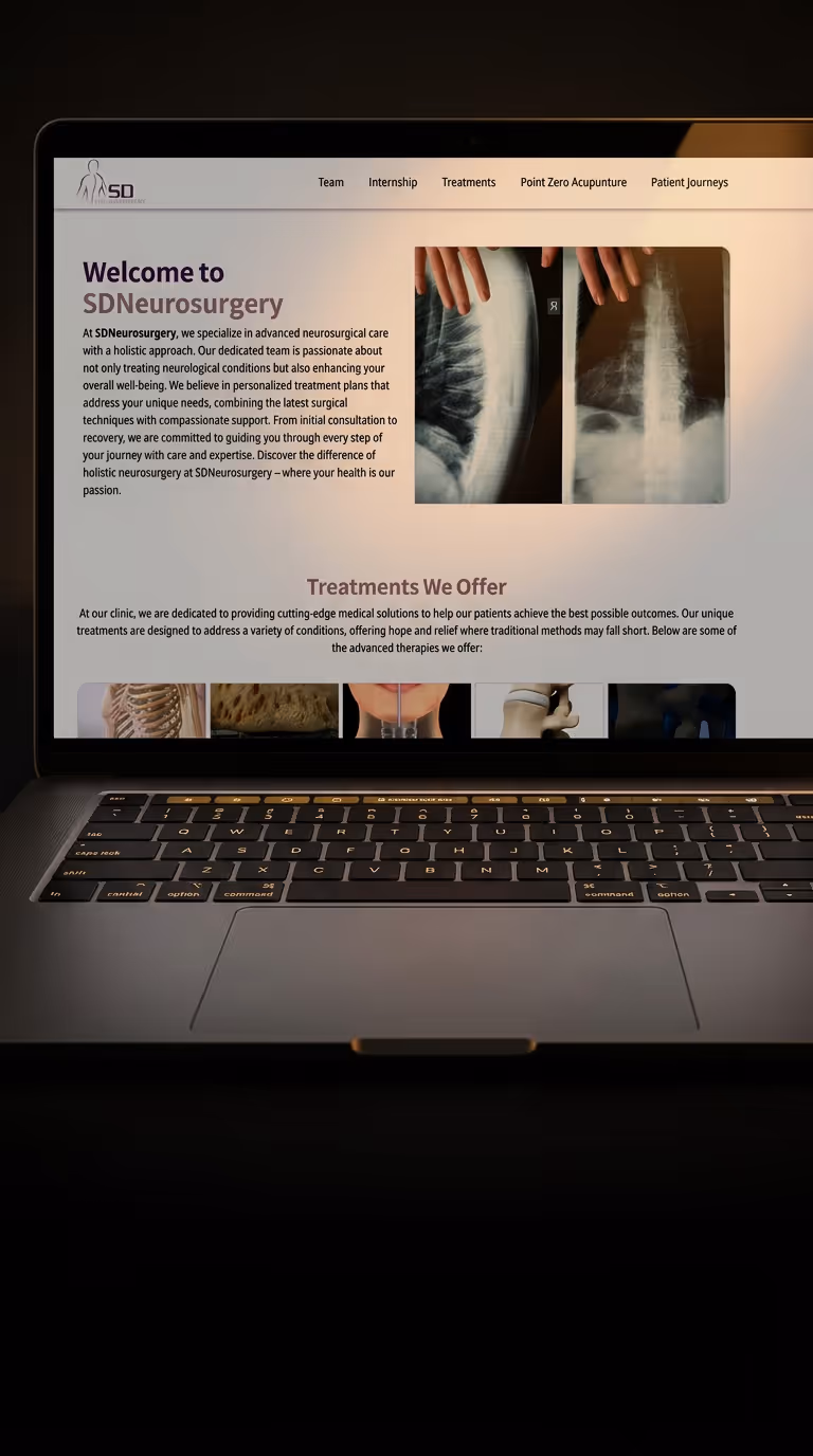 Laptop screen displaying SDNeurosurgery website with sections on treatments, patient journeys, internship, and team, featuring spinal X-rays and medical imagery.