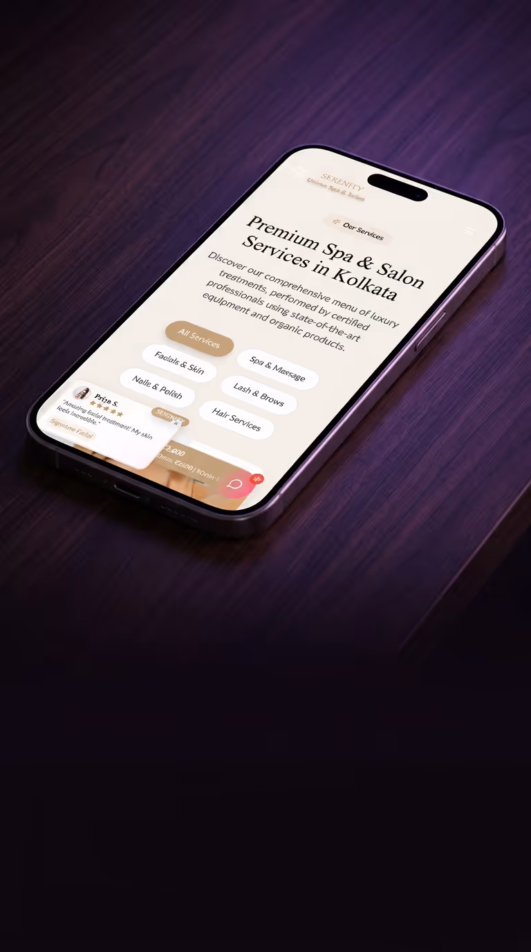 Smartphone displaying a spa and salon service app for Kolkata with categories like Facials, Spa, Nails, Lash, and Hair Services.