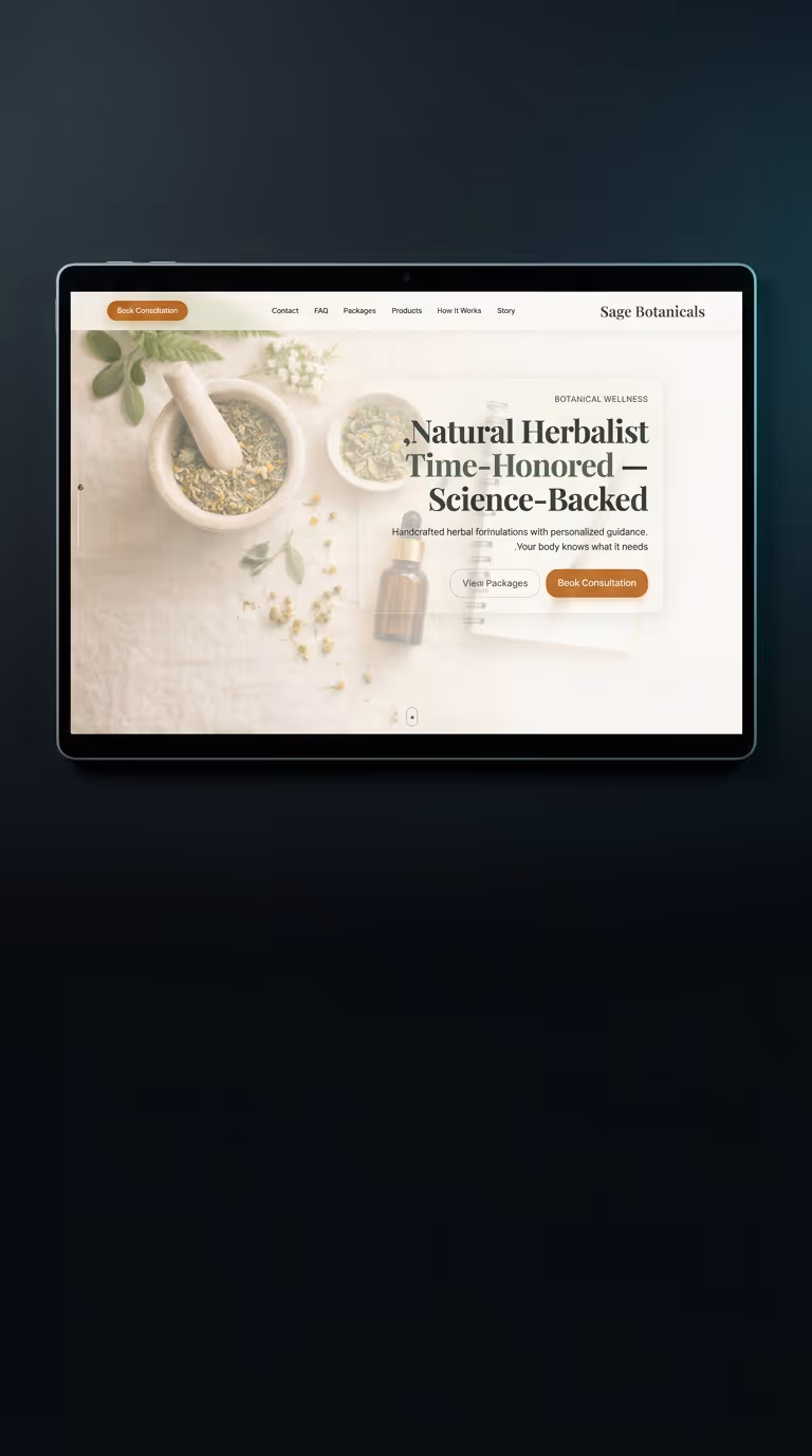 Tablet displaying Sage Botanicals website homepage with natural herbalist theme, featuring mortar and pestle with herbs and call-to-action buttons for booking consultation.