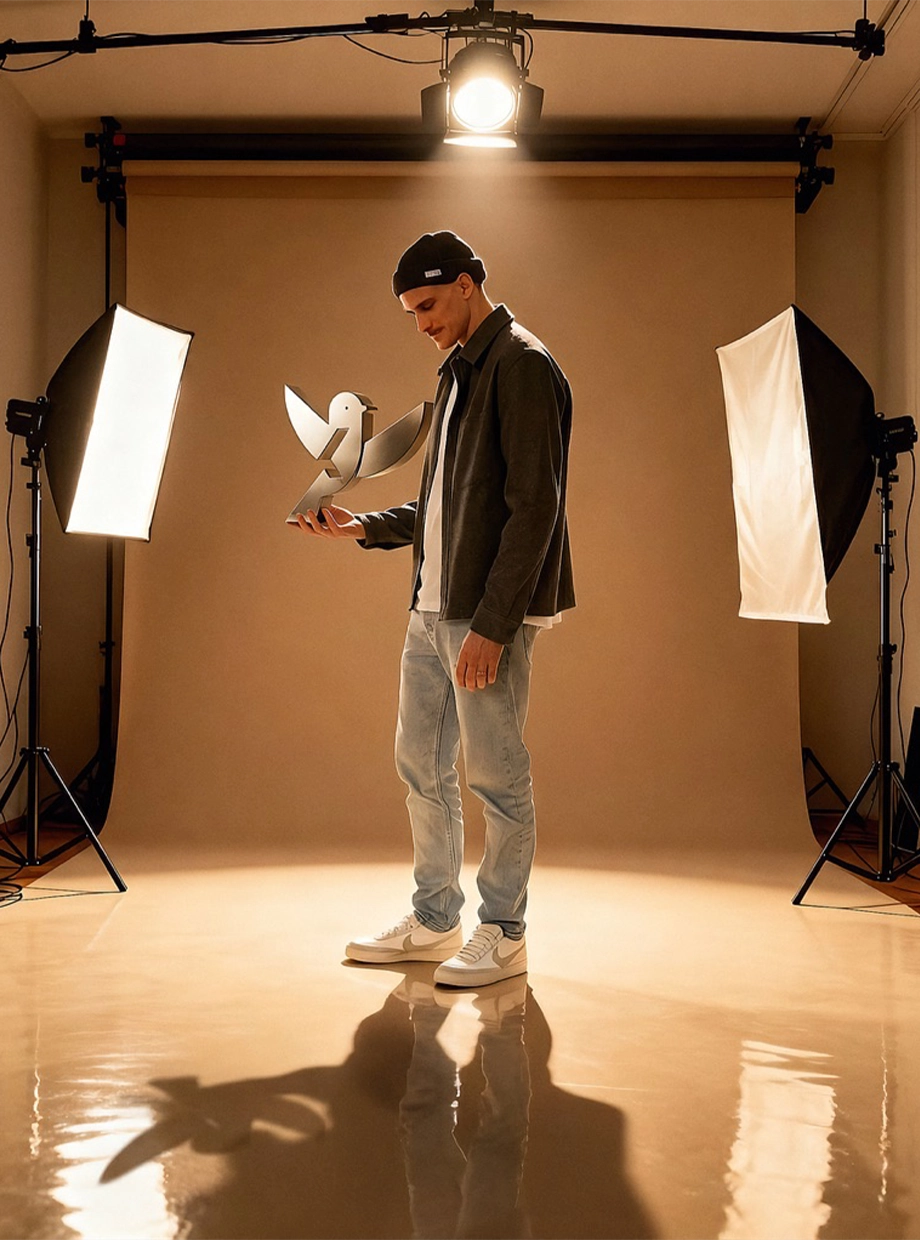 Young woman in an orange striped shirt holding a camera on a tripod in a busy indoor space with abstract orange and white wall art.