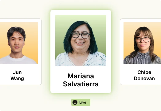 Portraits of three individuals with names below: Jun Wang on left with light orange background, Mariana Salvatierra in center with light green background, and Chloe Donovan on right with light orange background.