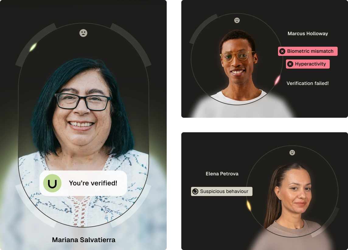 Composite image of three facial verification results: Mariana Salvatierra verified with a smile, Marcus Holloway failed verification due to biometric mismatch and hyperactivity, and Elena Petrova flagged for suspicious behavior.