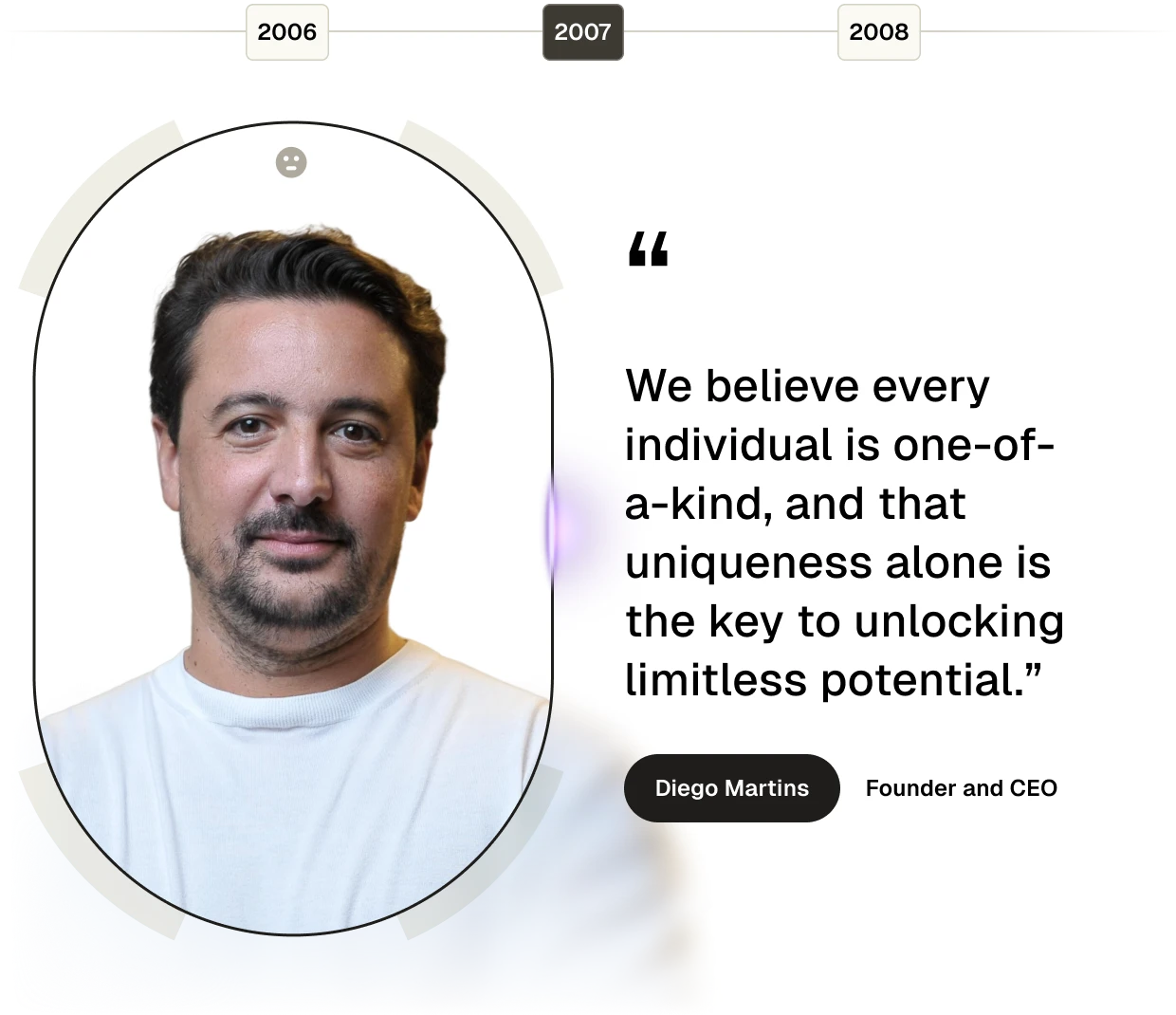 Portrait of a man with short dark hair and beard wearing a white shirt next to a quote about individual uniqueness by Diego Martins, Founder and CEO.
