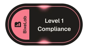 Bixelab badge indicating Level 1 Compliance with a rounded rectangular design in pink and black.