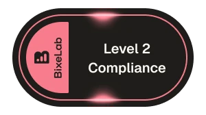 BixeLab Level 2 Compliance badge with a dark background and pink highlight.