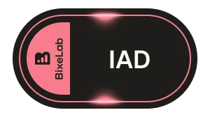 Black oval badge with a pink section on the left featuring the Bixelab logo and text, and white uppercase letters IAD on the right.