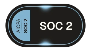 SOC 2 compliance badge with AICPA label on a black and blue rounded rectangle background.