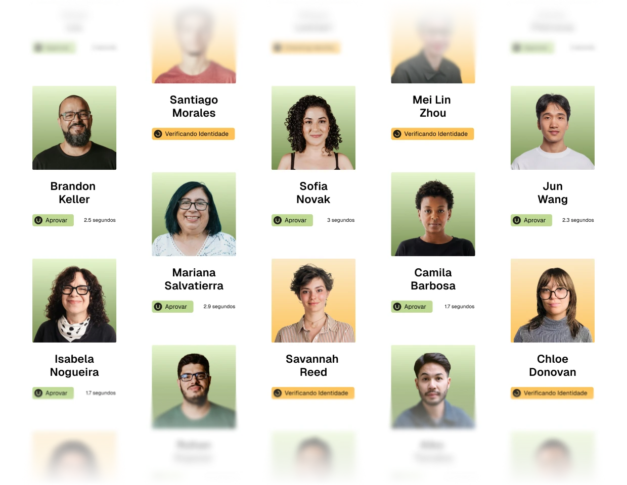 Grid of portrait cards showing diverse people with names and status labels 'Aprovar' in green or 'Verificando Identidade' in yellow, with approval times in seconds.