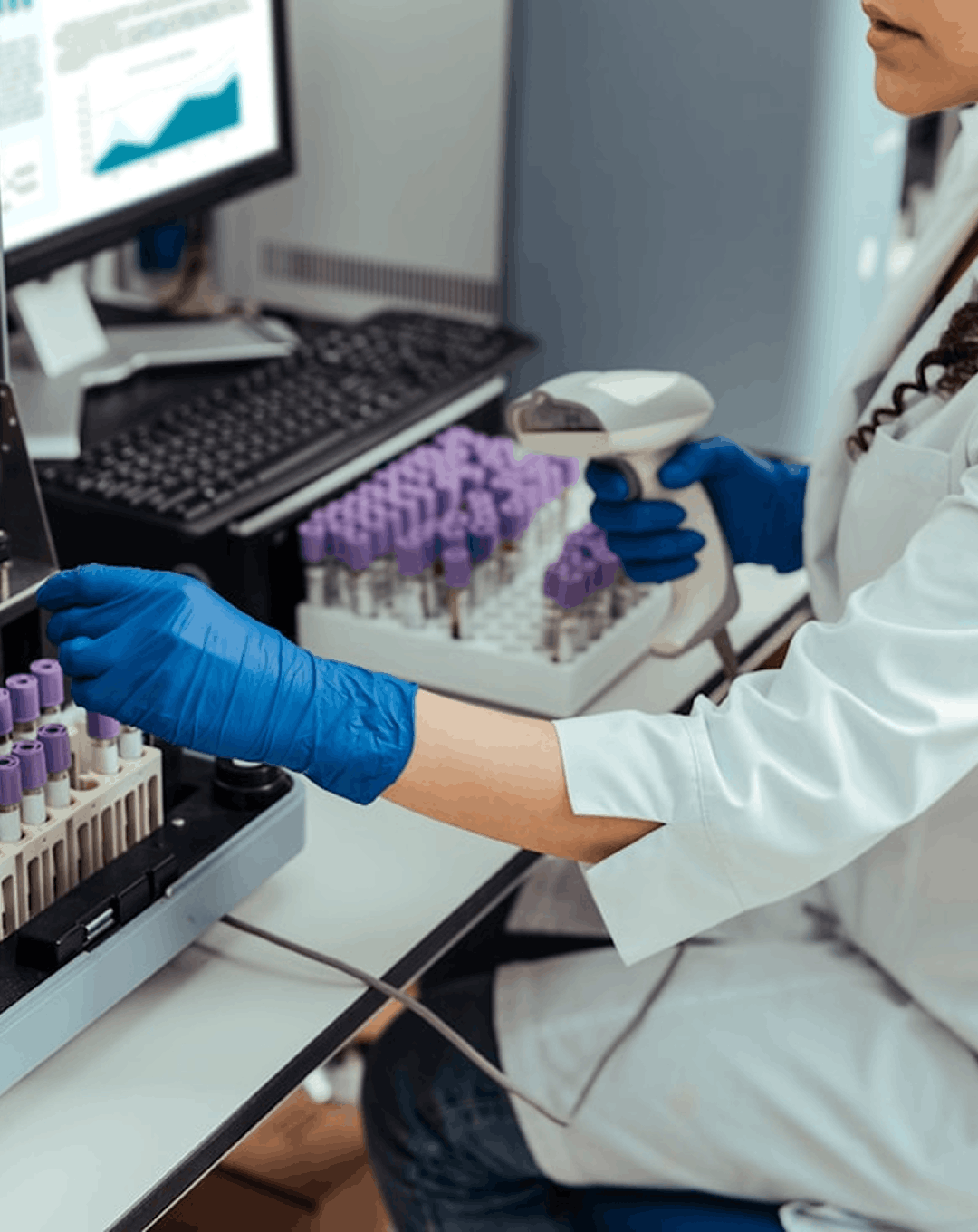 Chercheur manipulant des échantillons en laboratoire dans le cadre d'analyses scientifiques et pharmaceutiques.