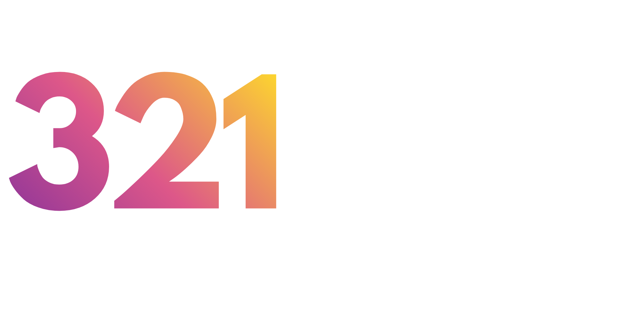 321Booth logo with gradient numbers transitioning from purple to orange and white text on black background.