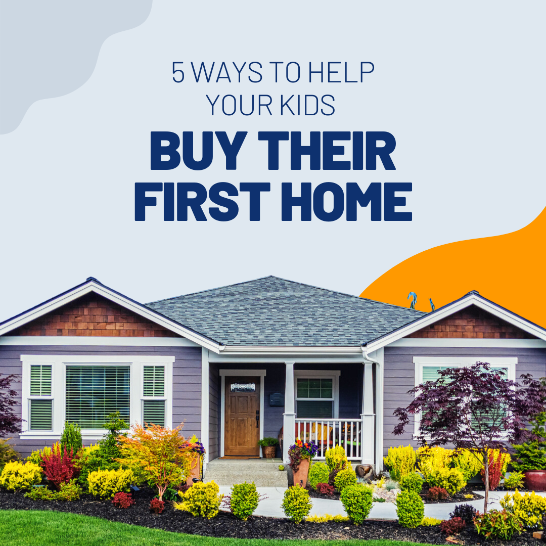 Front view of a single-story house with a blue-gray exterior, wooden front door, and colorful landscaped garden.