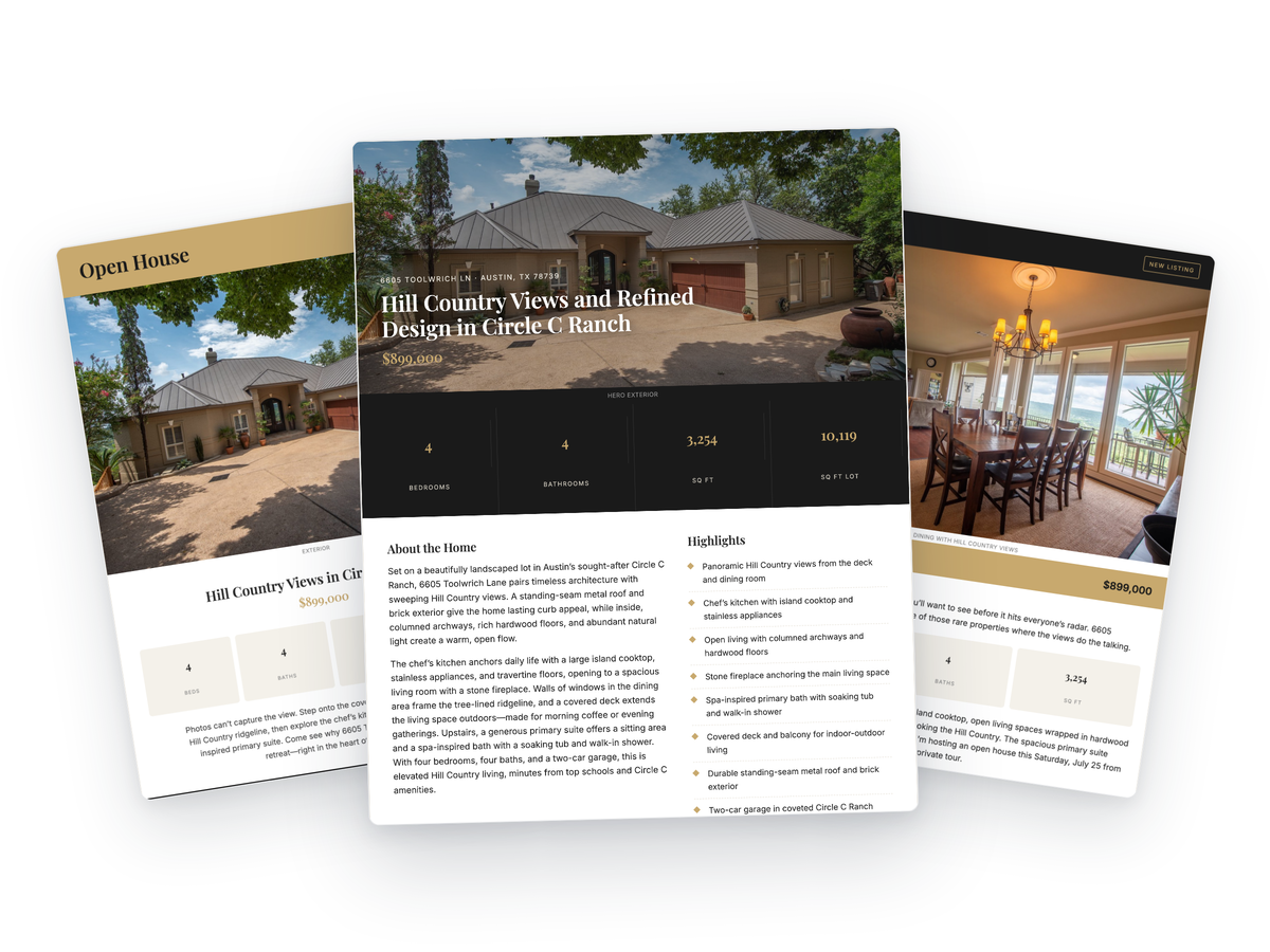 A listing marketing package built from one CMA: property brochure, open house flyer and listing email