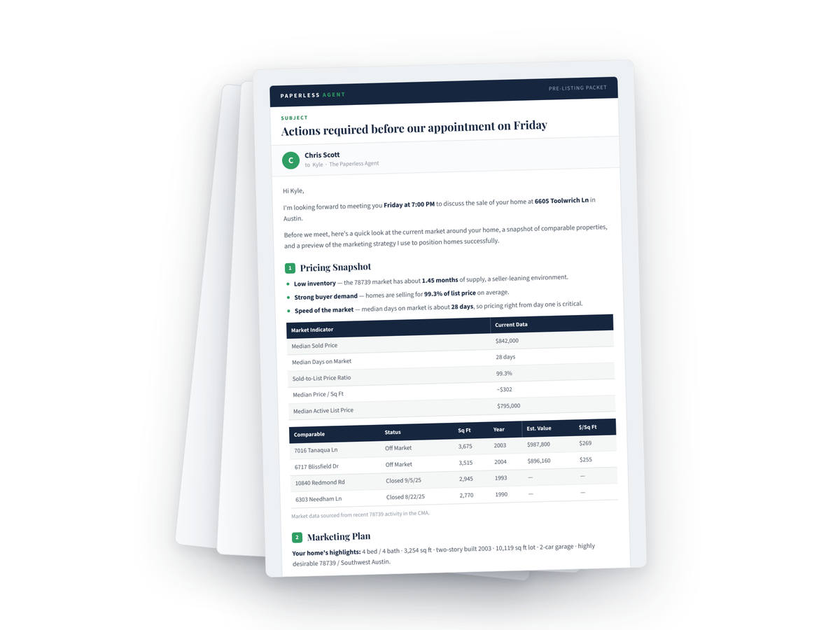 A finished pre-listing packet showing a pricing snapshot, comparable properties and a marketing plan
