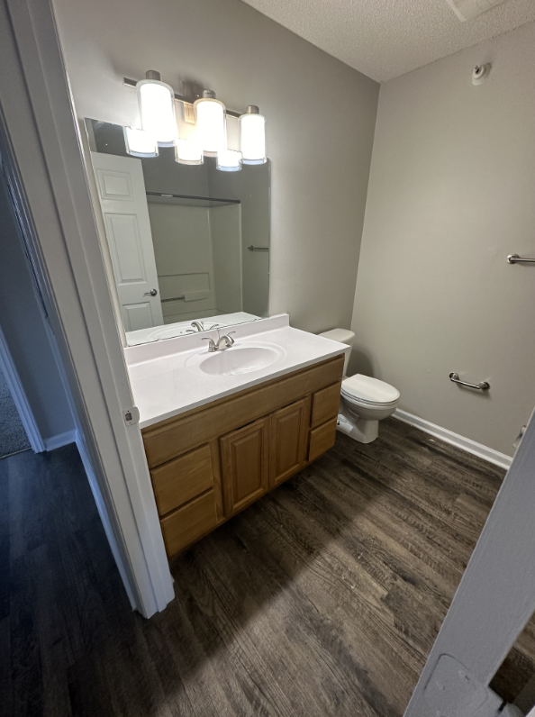 Bathroom with vanity featuring wood cabinets and mirror