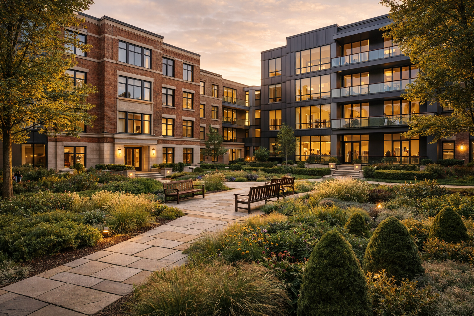Evening view of a landscaped courtyard with benches, surrounded by modern and classic apartment buildings with lit windows.